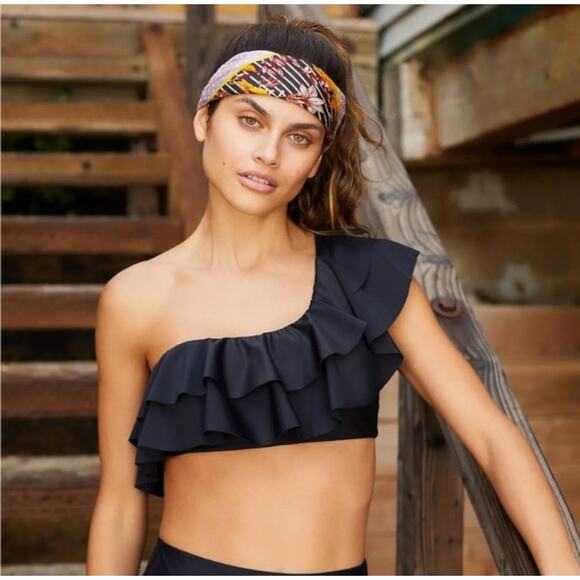 Maeve by Anthropologie Julie one shoulder swim top women’s size S black ruffle - Picture 1 of 4